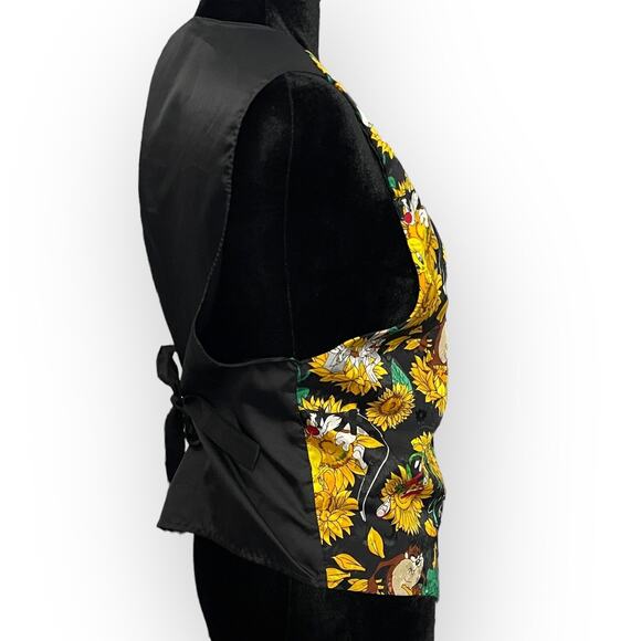 Looney Tunes 90s Vest Womens M Black Sunflower Satin VTG Tweety Taz Bugs Bunny - Picture 3 of 15